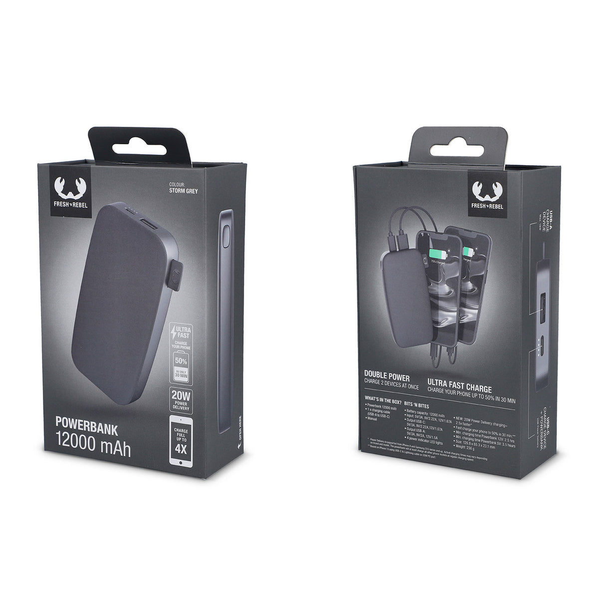 Fresh 'n Rebel Powerbank 12000mAh USB-C 20W, storm grey tummanharmaa