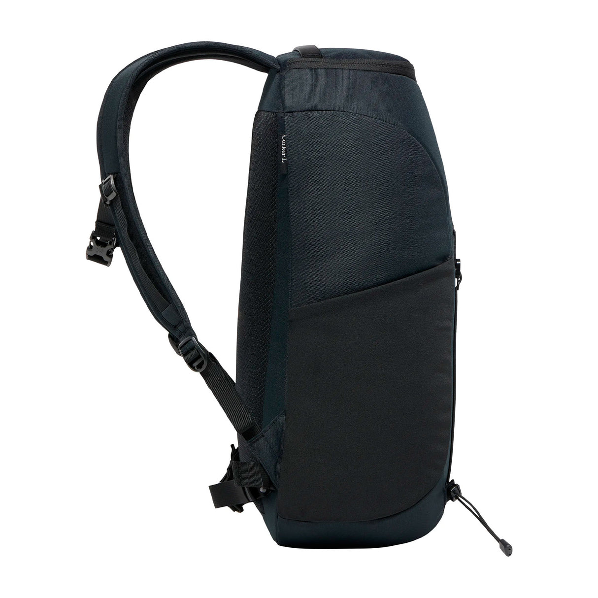 Haglöfs corker large musta reppu, sivuprofiili, juomapullotasku