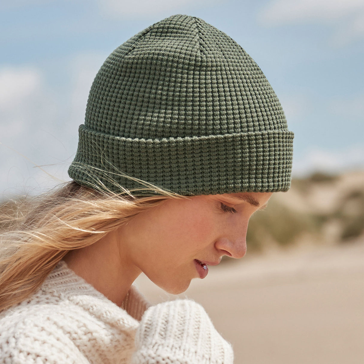 luomupuuvilla pipo, vohveli neulos, oliivi