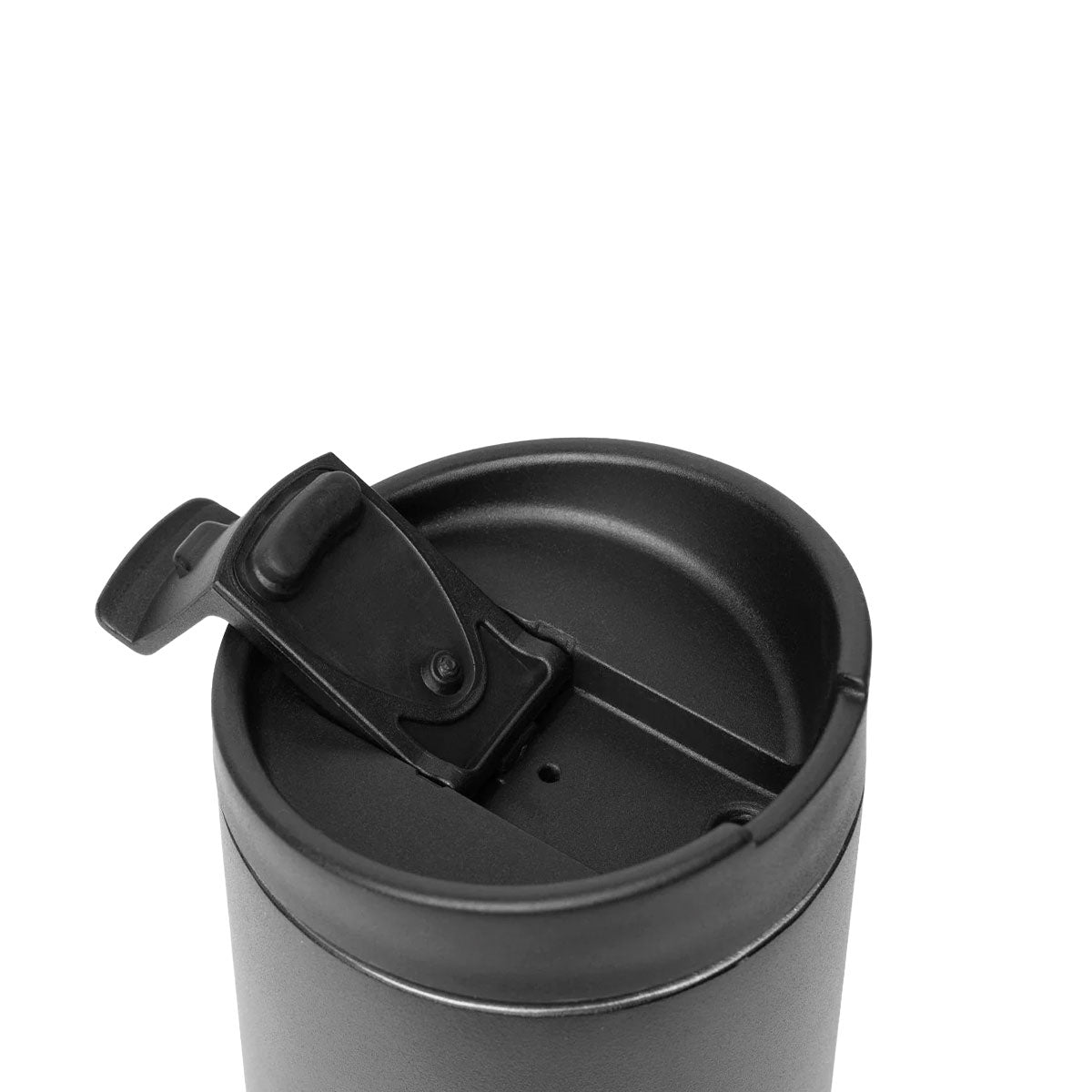 miir Flip Traveler termosmuki 354 ml, musta, juoma-aukon läppä auki / avattuna