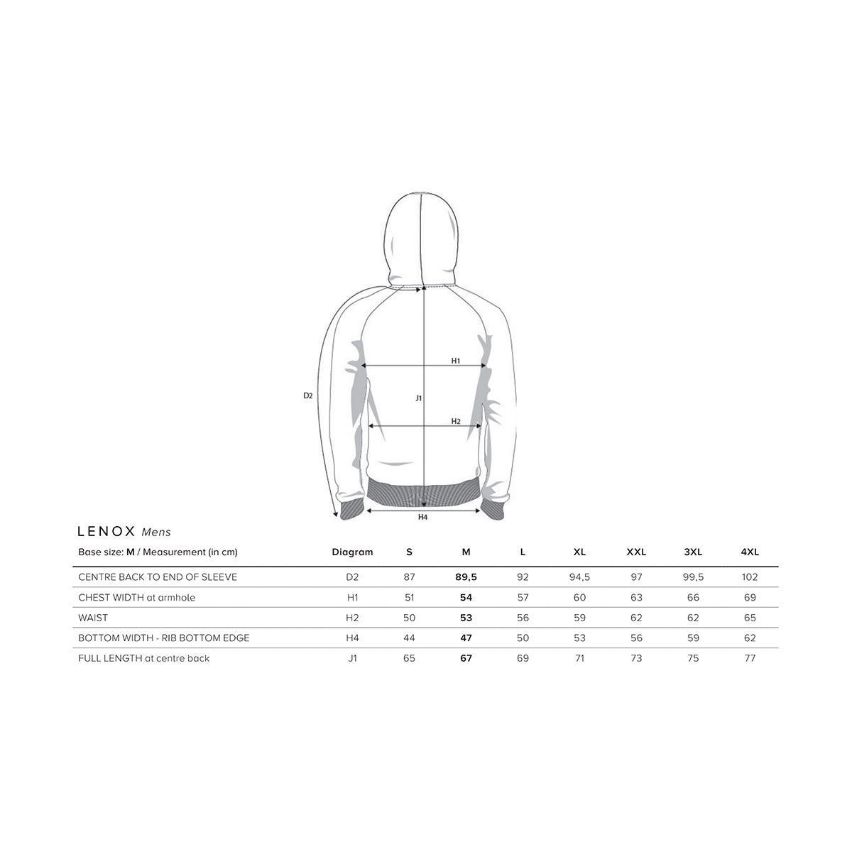 nimbus lenox miesten hupparin kokotaulukko