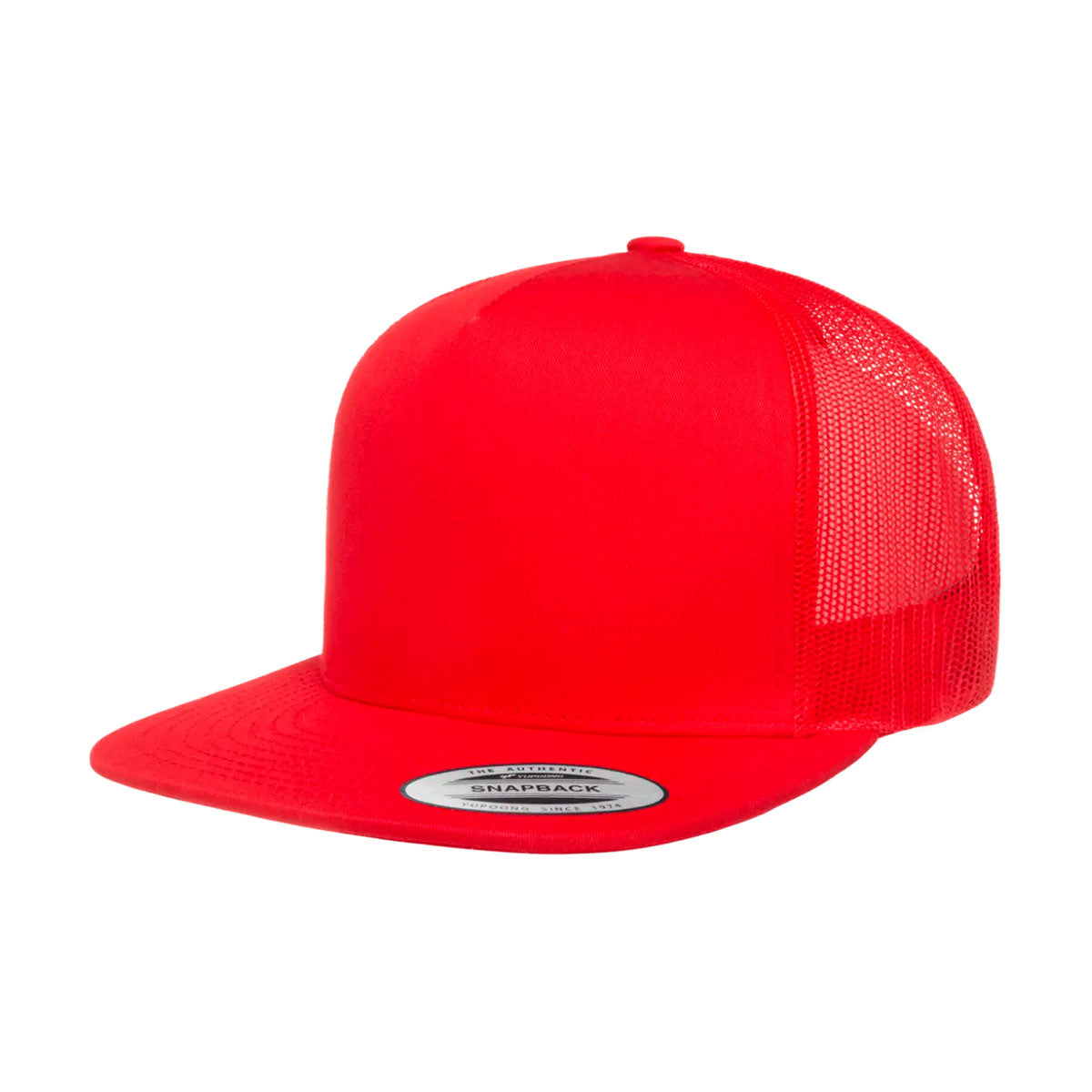 punainen trucker lippis suoralla lipalla, 5 paneelia