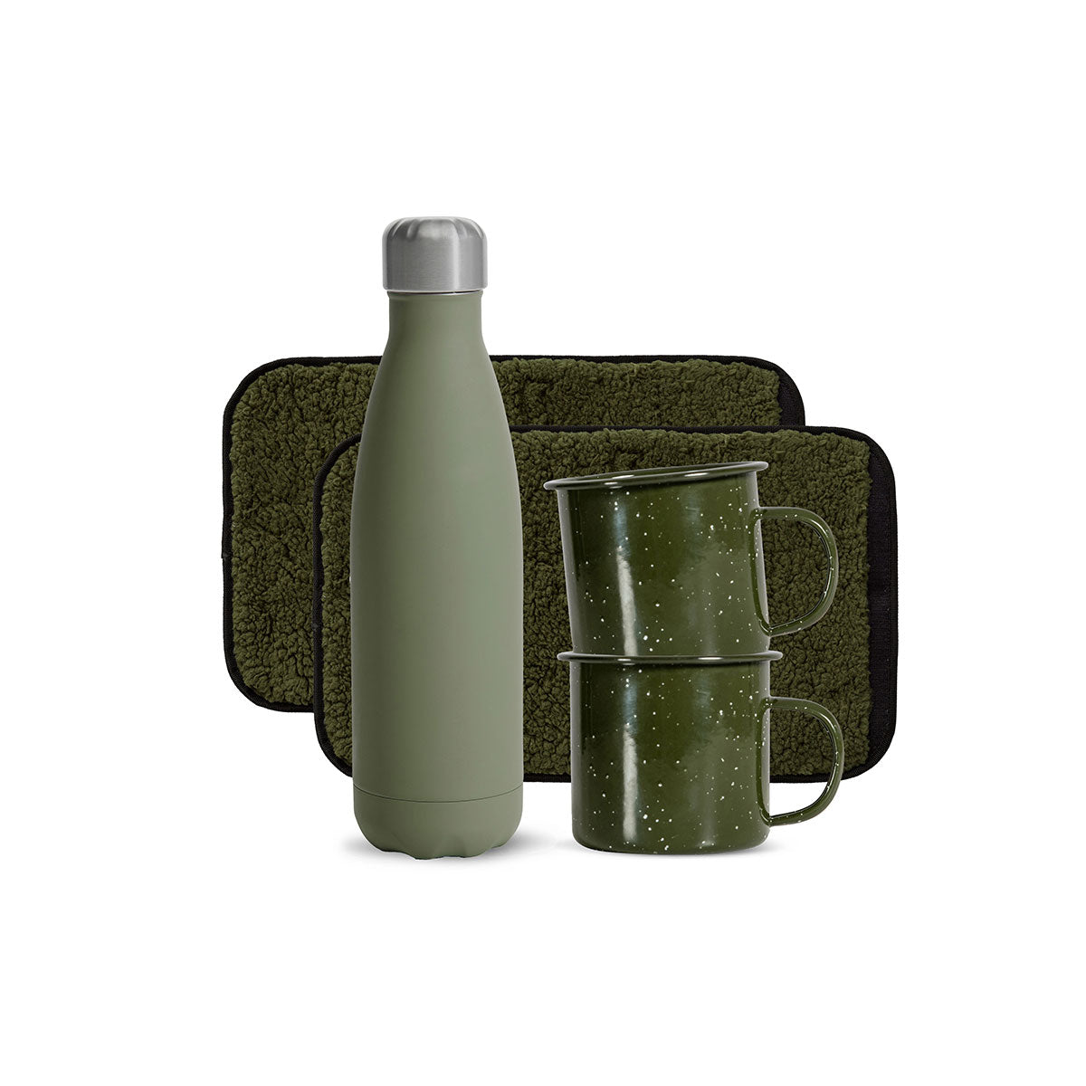 Sagaform lahjasetti: juomapullo, 2 kpl mukia ja 2 kpl istuinalusta - vihreä