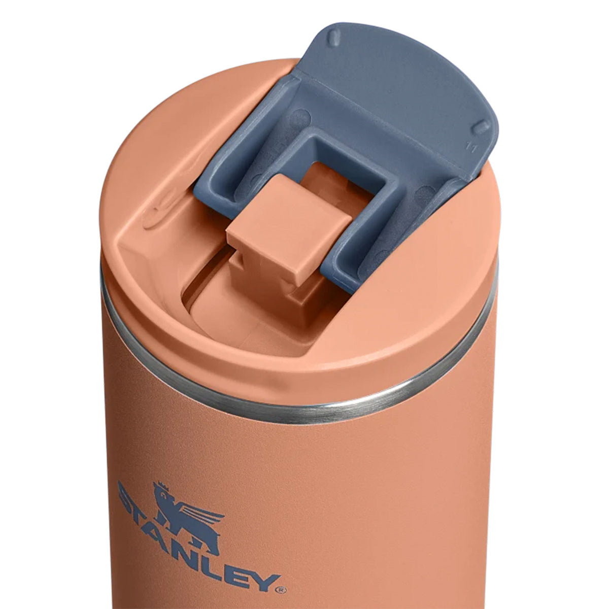 Stanley Transit Flip Top Mug 0.35L termosmuki, toast oranssi, kuva termosmukin juomamekanismista ja kannesta