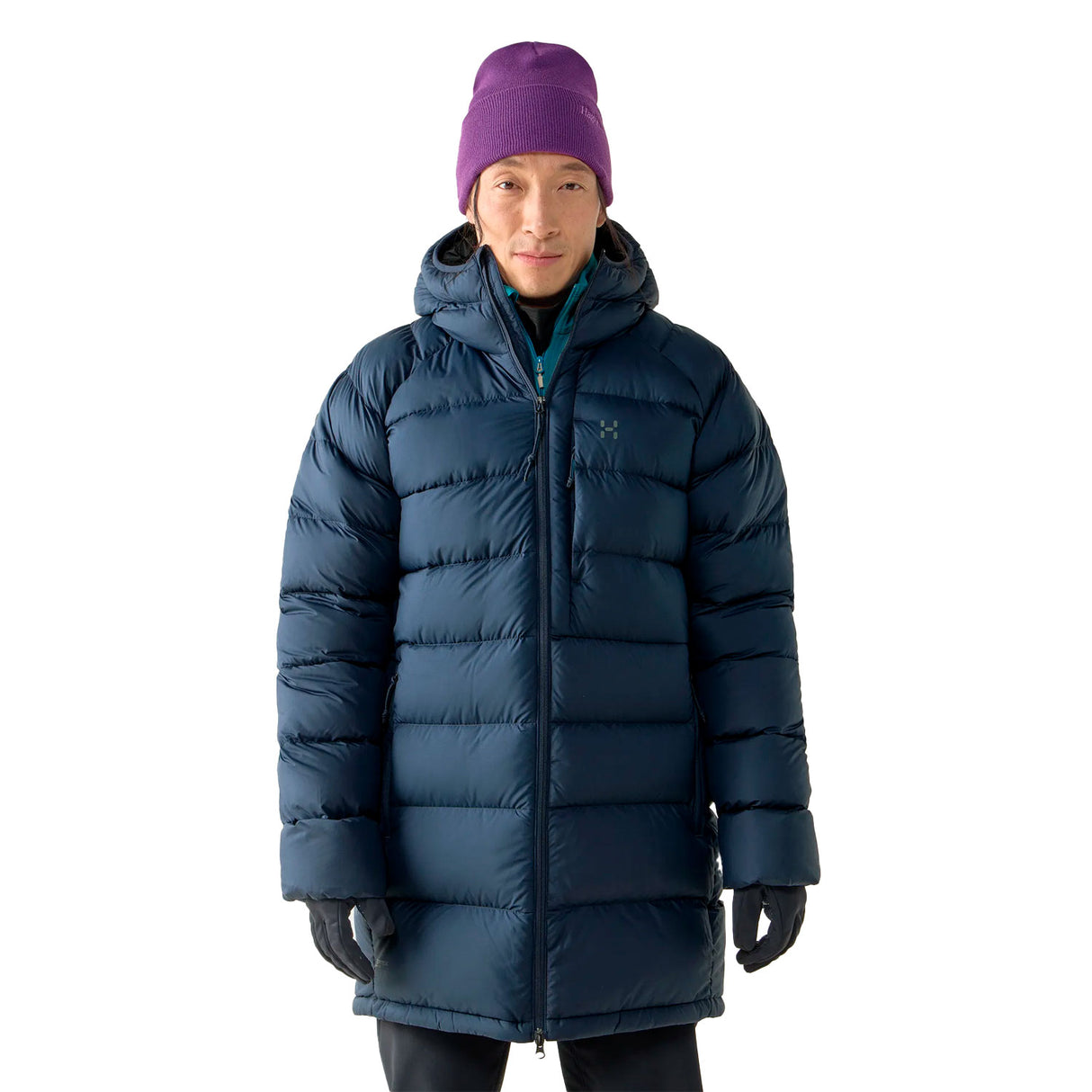 tummansininen Haglöfs pitkä untuvatakki miesten