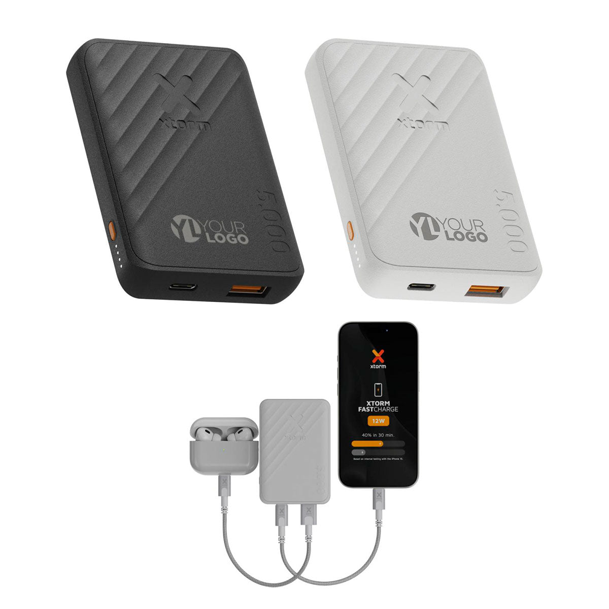 xtorm go2 12w 5000mah varavirtalähde omalla logolla