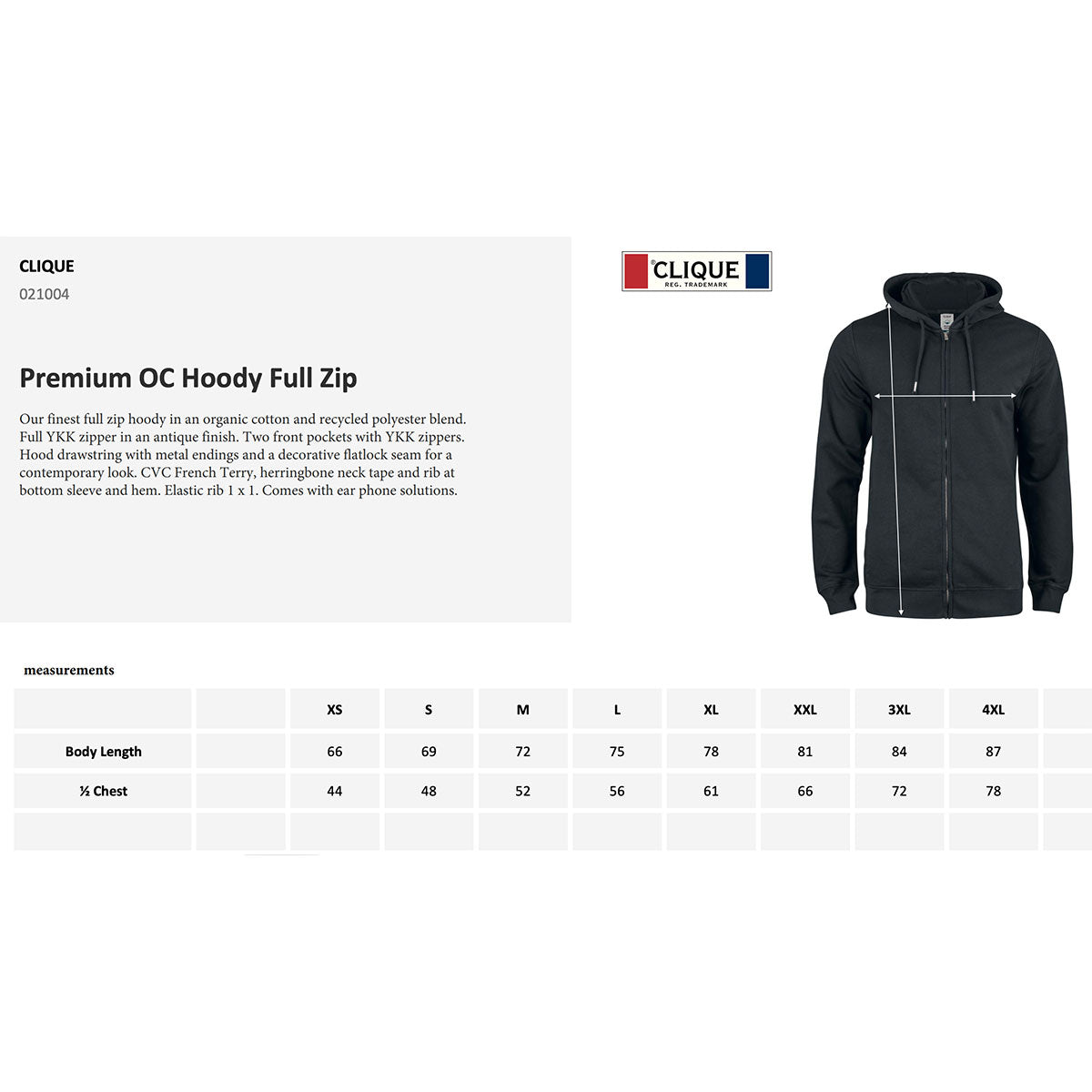 kokotaulukko clique Premium OC Hoody Full Zip