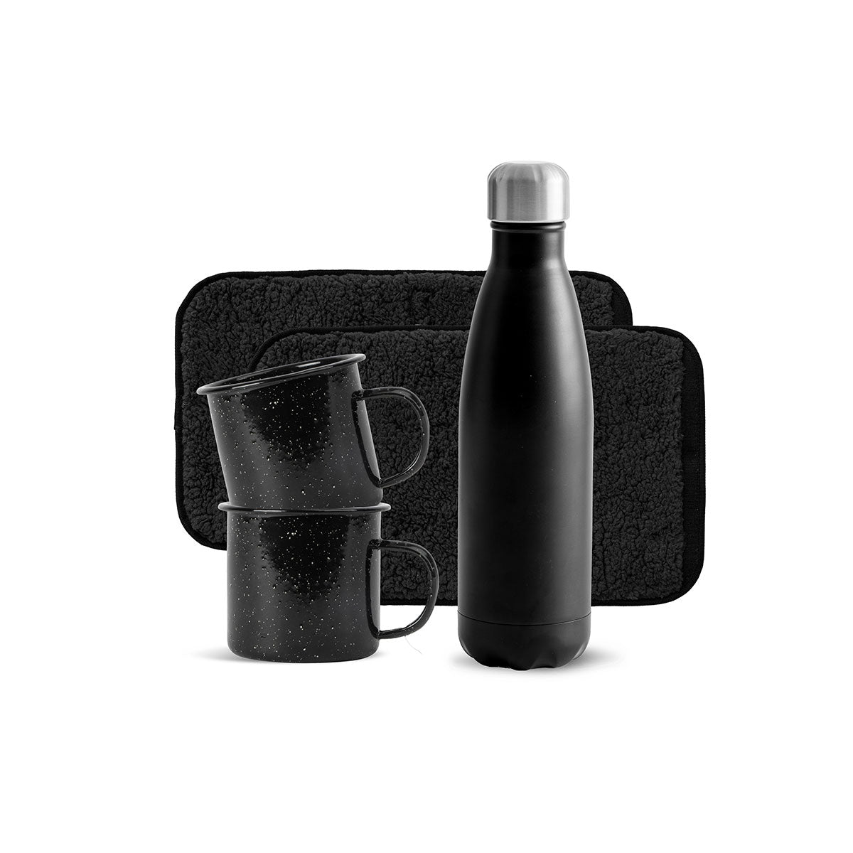 Sagaform lahjasetti: juomapullo, 2 kpl mukia ja 2 kpl istuinalusta - musta