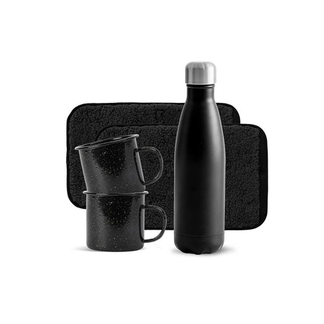 Sagaform lahjasetti: juomapullo, 2 kpl mukia ja 2 kpl istuinalusta - musta